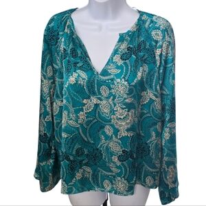 Vince Camuto Paisley Teal Green Bell Sleeve Satin Effect Top Small